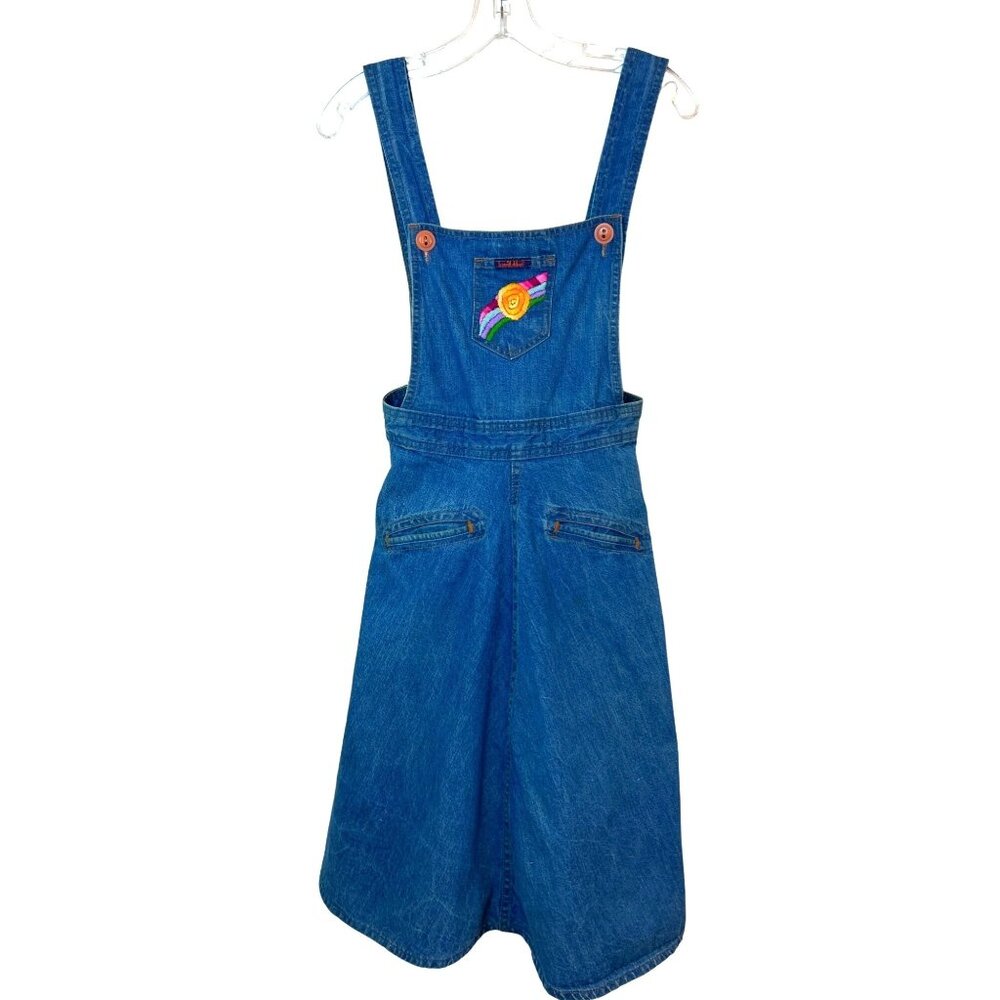 Vtg 70's Landlubber Denim Overall Pinafore Jumper Dress Rainbow Embroidery Retro